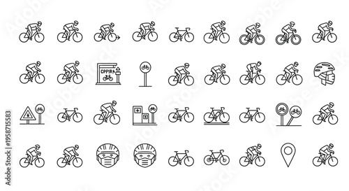 Line art icons depicting cyclists bikes and related cycling elements
