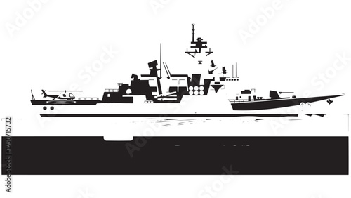 Silhouette of a Military Warship with Advanced Weaponry and Communication Equipment.