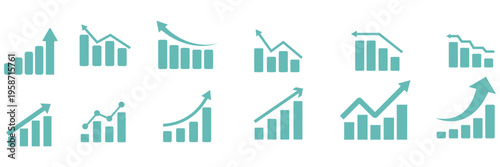 Graph going Up and Down sign with green and red arrows vector. Flat design vector illustration concept of sales bar chart symbol icon with arrow moving down and sales bar chart with arrow moving up