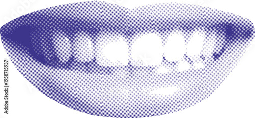 Lips, blue halftone pop art illustration, biting teeth expression, sensual bold concept, dotted texture design, retro comic style artwork, modern fashion graphic, edgy aesthetic symbol.