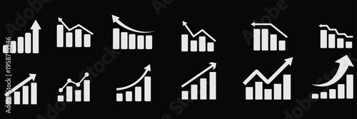 Business chart icon set showing growth and decline trends. Bar graphs with up and down arrows for analytics statistics financial performance revenue increase sales growth profit loss 