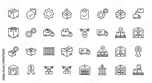 Collection of line art icons depicting logistics delivery and warehousing