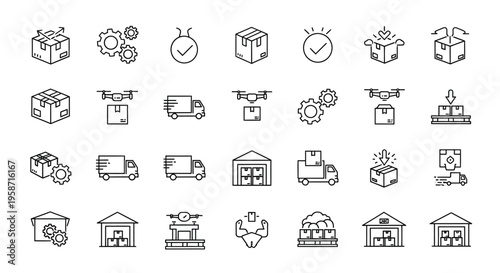 A collection of line art icons representing logistics and delivery services