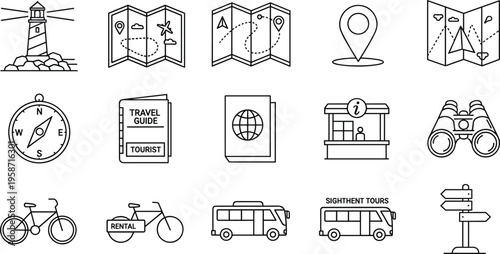 Travel and Tourism Line Icons Set with Map, Compass, Lighthouse, Bicycle, Bus Tour, Passport, and Navigation Symbols for Vacation Planning 