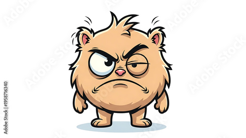 Grumpy cartoon mascot with messy hair frowning grumpy face