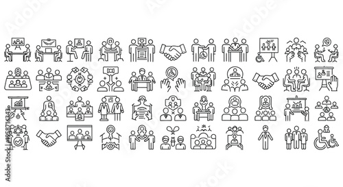 Collection of line art icons depicting business meetings and workplace collaboration