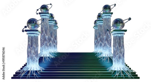 A futuristic staircase with glowing pillars and water features