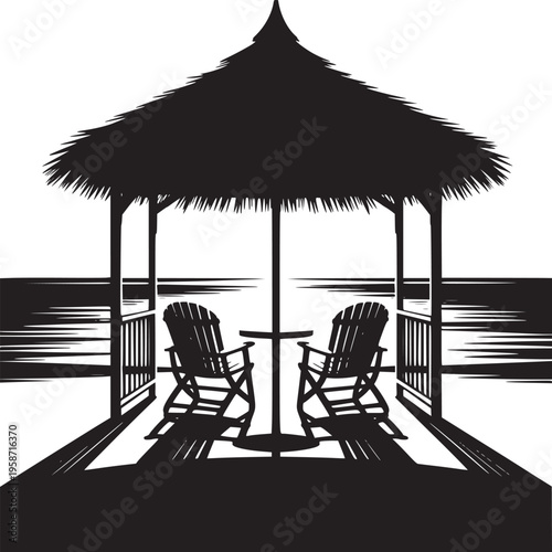 Silhouette of beach hut with thatched roof and two chairs facing each other in black and white style