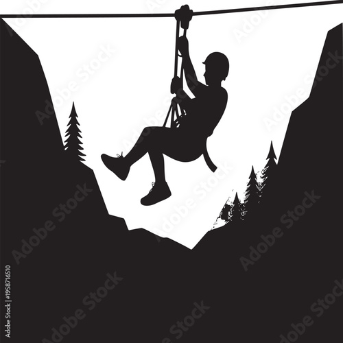 Silhouette of a person ziplining across a mountain landscape with trees and cloudy sky above them