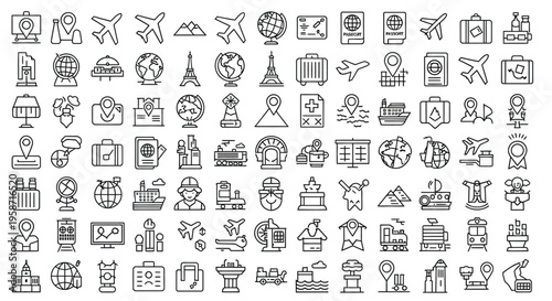 Collection of travel and transportation related line icons in black and white