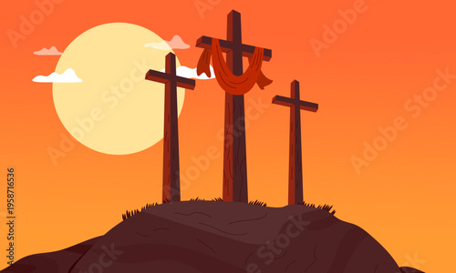 Three crosses on hill at sunset with glowing sun and warm sky, symbolic Good Friday and Easter Christian vector landscape illustration