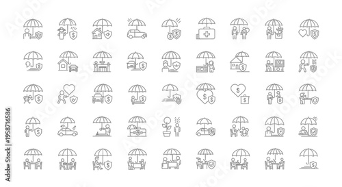 Collection of insurance related line icons depicting protection and security
