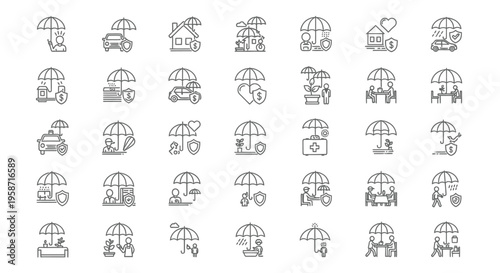 Collection of line icons depicting insurance and protection concepts