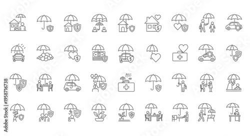 Collection of insurance related line icons depicting coverage and protection