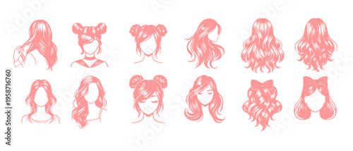 Pink women hairstyle set with trendy female hair silhouettes, buns, waves, and ponytail looks, fashion and salon vector collection on white background