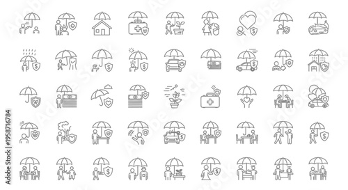 Collection of insurance and protection related line icons on white background
