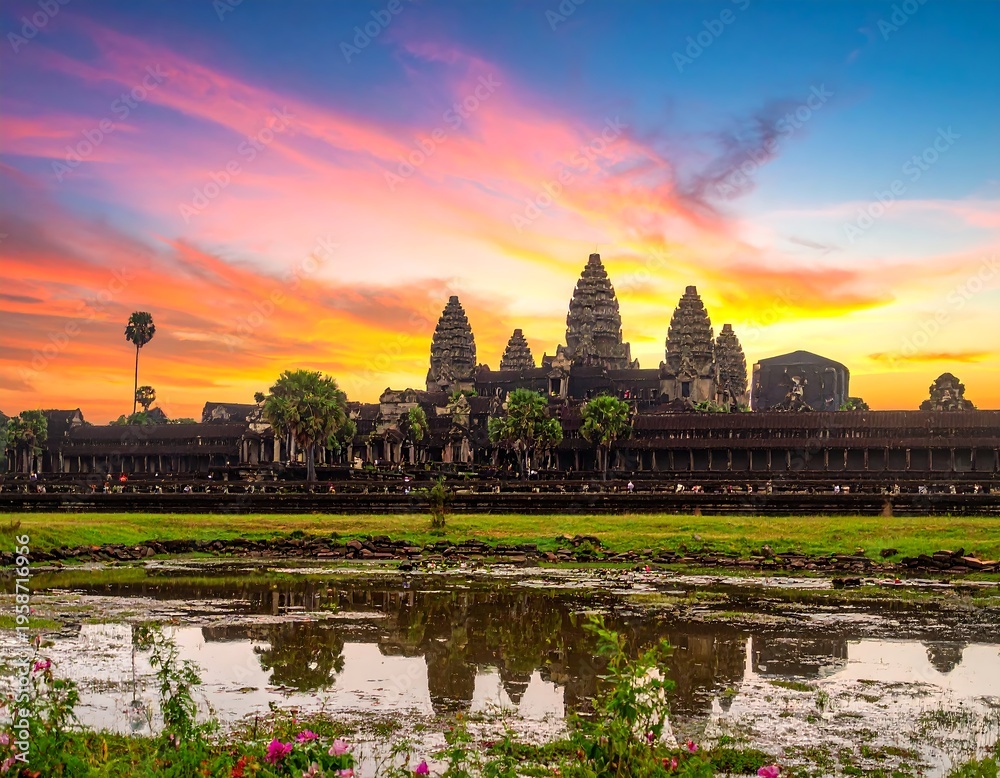 Fototapeta premium Temple reflecting in water at sunset with vibrant orange and pink clouds above