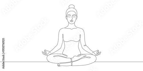 Meditation Serenity. Minimalistic One Line Drawing Woman Meditating in Lotus Pose. Zen Vector