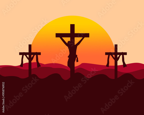 Crucifixion scene with three crosses on rolling hills at sunset, symbolic Good Friday and Easter landscape in dramatic Christian vector style