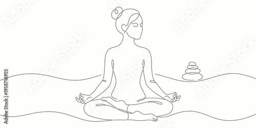 Meditation Serenity. Minimalistic One Line Drawing Woman Meditating in Lotus Pose. Zen Vector