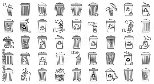 Collection of recycling bin icons and related waste disposal elements