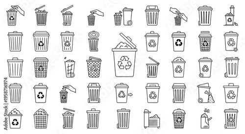 Collection of various recycling and trash bin line icons in white background
