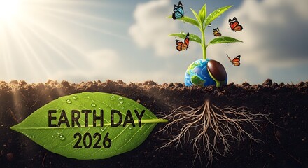Earth day 2026 celebration with a plant growing out of the globe