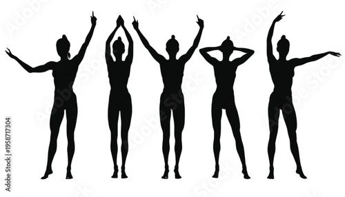 Five female silhouettes demonstrate various energetic poses related to fitness instruction or expressive.