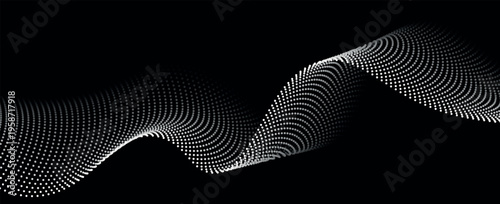 Dotted wavy line background. white halftone undulate pattern. Curved dashed gradient design element for poser, banner, presentation, booklet. Abstract flowing particle wave wallpaper.