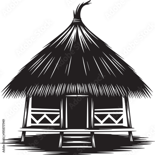 A black and white illustration of a traditional hut with a thatched roof and raised platform design