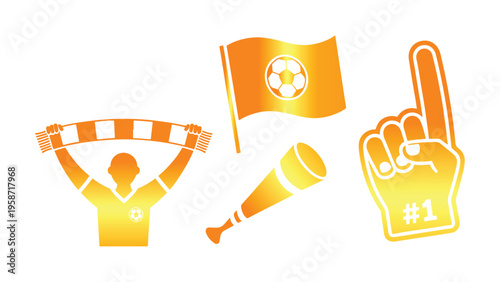 Soccer Fan Icon Set With Scarf Flag Horn and Foam Finger for Football Supporter Merchandise, Sports Event Branding, and Stadium Crowd Engagement Design