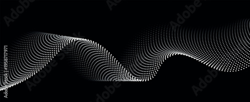 Dotted wavy line background. white halftone undulate pattern. Curved dashed gradient design element for poser, banner, presentation, booklet. Abstract flowing particle wave wallpaper.