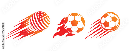 Soccer Ball Icon Set With American Flag Flame and Speed Variants for Sports Branding, Football Tournament Identity, and Athletic Competition Graphic Design Collection