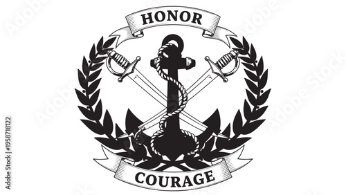 Black and white emblem featuring an anchor, laurel wreath, and banners with the words Honor and Courage.