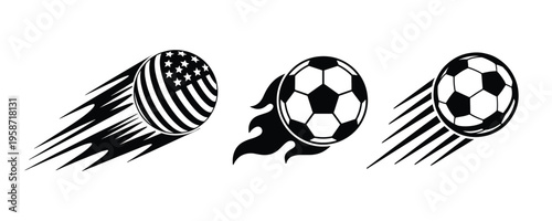 Soccer Ball Icon Set in Monochrome With American Flag Flame and Speed Trail Variants for Sports Print Design, Football Branding, and Athletic Identity Applications