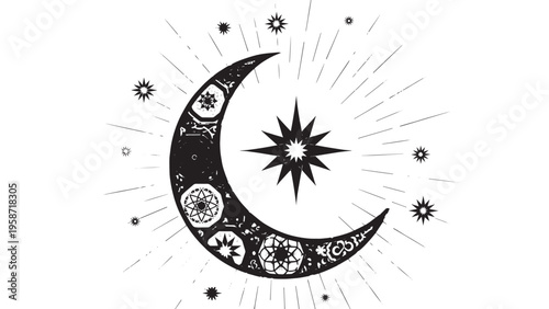 Decorative crescent moon with celestial patterns and stars for spiritual or mystical themes.