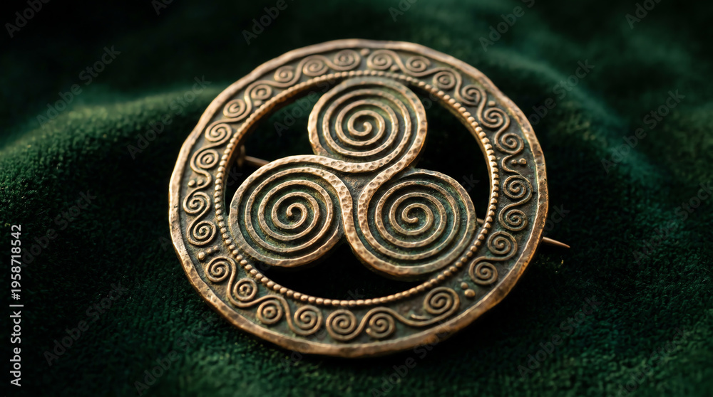 Fototapeta premium Bronze Celtic triskelion disc brooch with three interlocking spirals on velvet