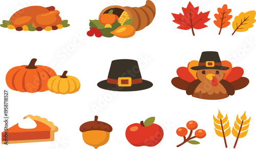 Thanksgiving day flat vector icon set with roasted turkey, cornucopia, autumn leaves, pumpkins, and seasonal food isolated on a white background.