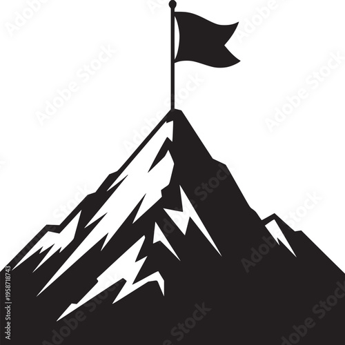 Black and white illustration of a mountain peak with a flag on top against a white background