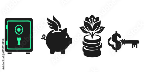 Icons of safe, piggy bank, plant on coins and dollar key