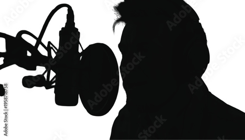 Silhouette of a person speaking into a studio microphone with a pop filter against a white background.
