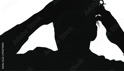 Silhouette showing a person holding their messy hair in distress or frustration above their head.