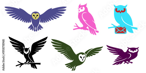 A collection of colorful owl silhouettes in various poses