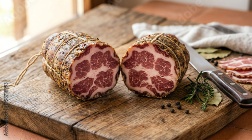Coppa capocollo cut showing marbled cross-section of cured pork neck