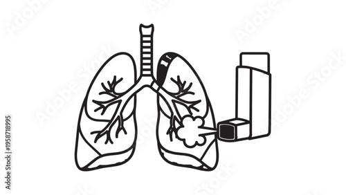 Detailed Illustration of Human Lungs with Medical Inhalers for Respiratory Treatment.