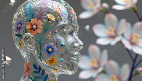 Transparent human head profile with blooming flowers and geometric shapes representing nature and artificial intelligence concept in 3d render artistic composition