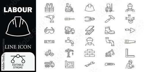 Labour line set with editable stroke line editable stroke construction tools hard hat