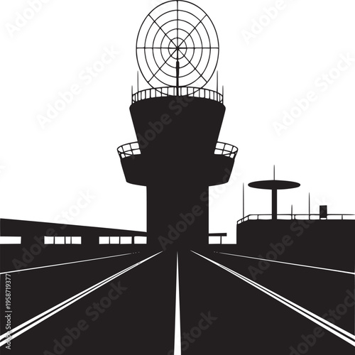 Silhouette of an airport control tower with radar and runways against a white background in stark contrast