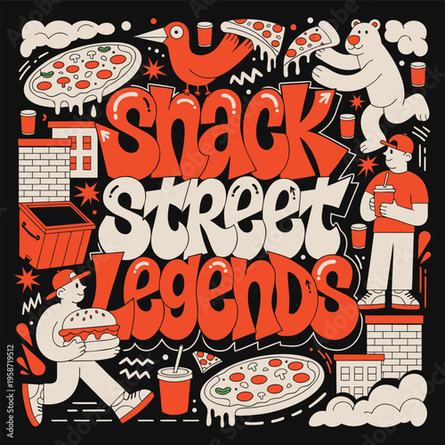 Street Food Legends Bold Graffiti Typography with Cartoon Humans and Animals Illustration