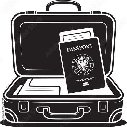 A black and white vector illustration of an open suitcase with a passport inside ready to travel